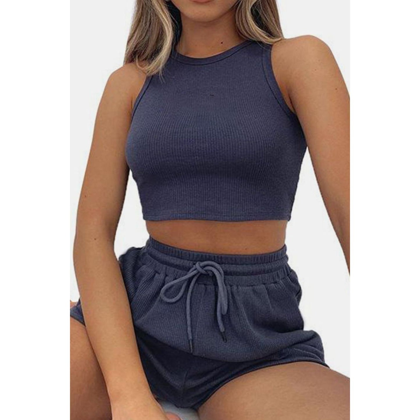 Round Neck Top and Drawstring Shorts Set