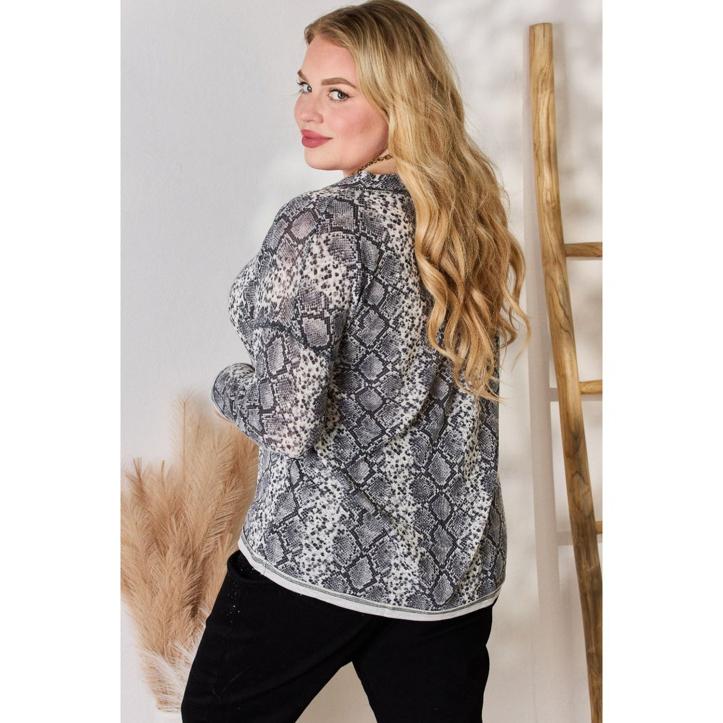 Hailey & Co Full Size Snakeskin V-Neck Long Sleeve Top