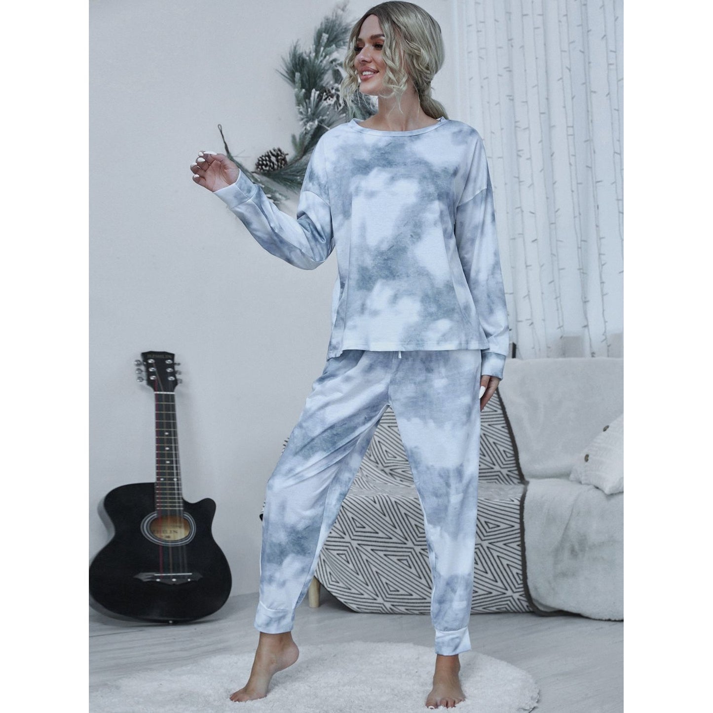 Shiny Tie-dye Round Neck Top and Drawstring Pants Lounge Set