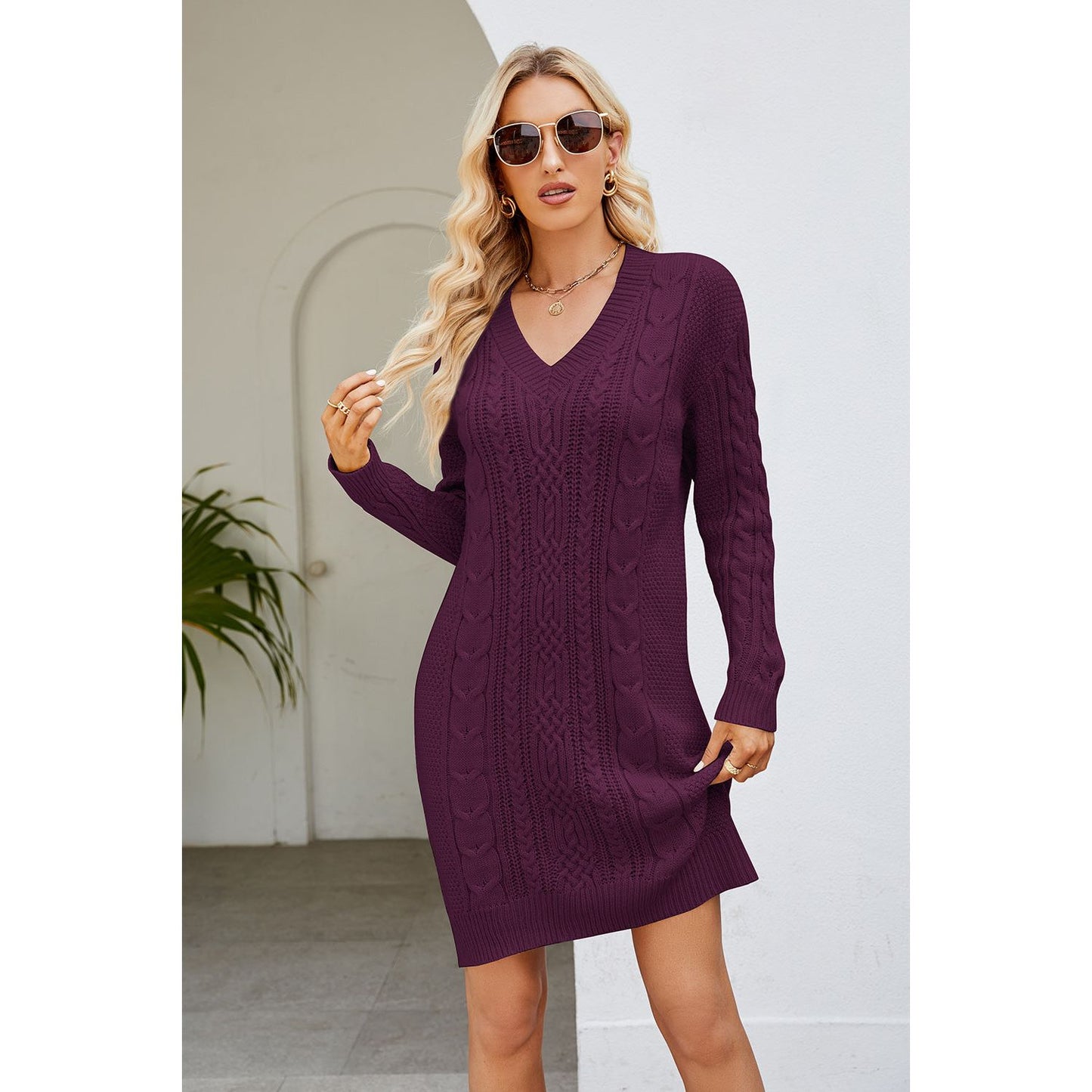 Cable-Knit Long Sleeve Sweater Dress