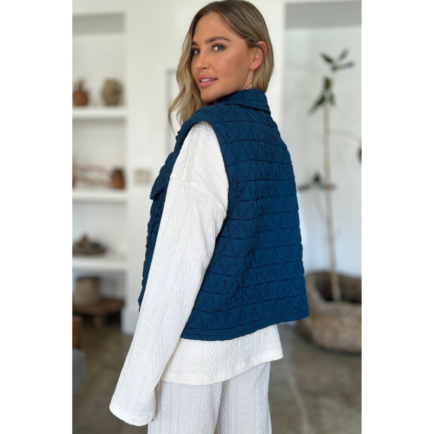 Double Take Full Size Pocketed Texture Snap Down Vest Coat