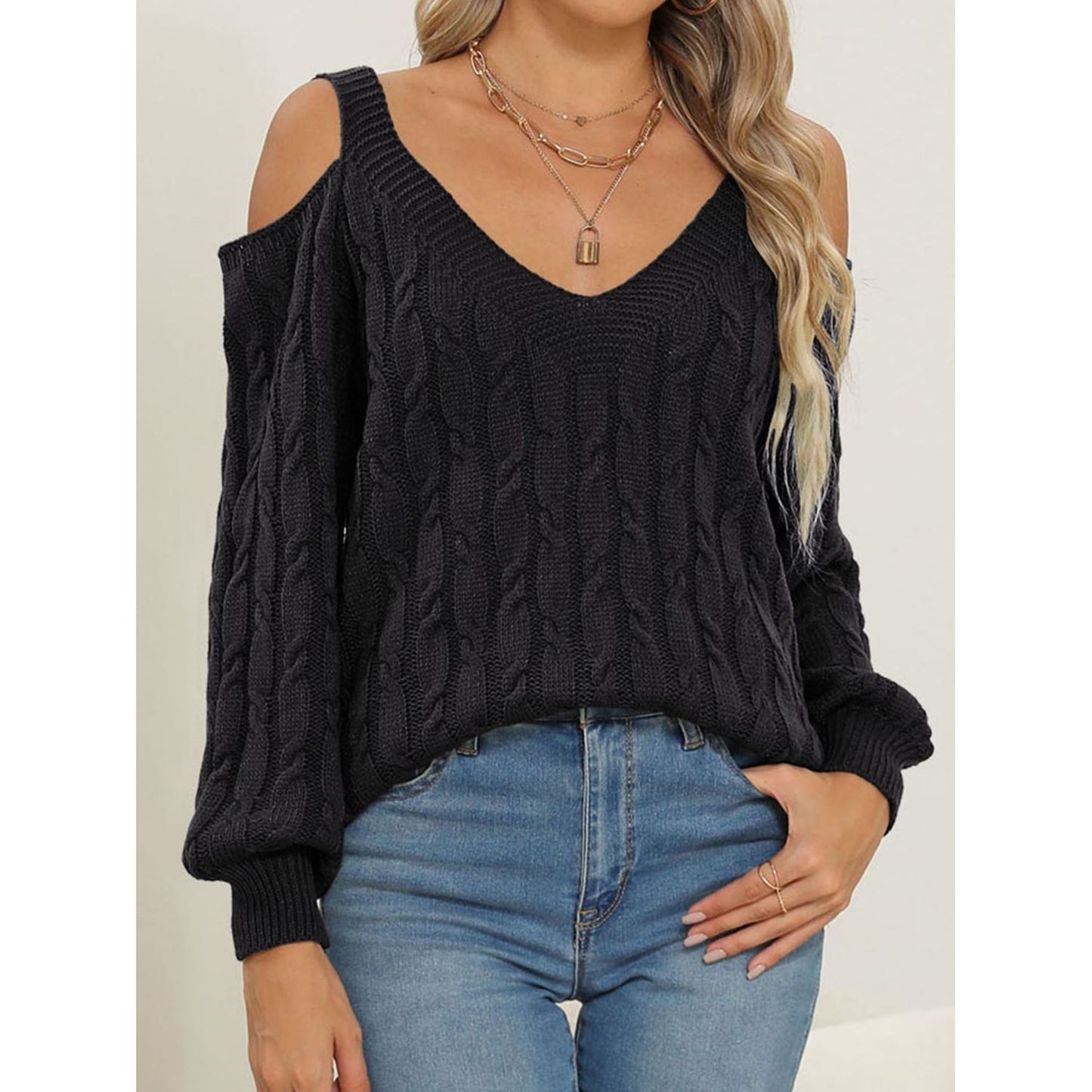 Cable-Knit V-Neck Long Sleeve Sweater