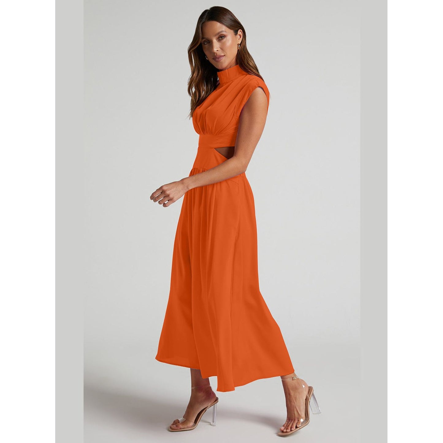 Cutout Mock Neck Sleeveless Ruched Dress