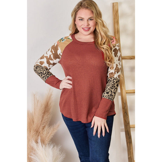 Hailey & Co Full Size Leopard Waffle-Knit Blouse