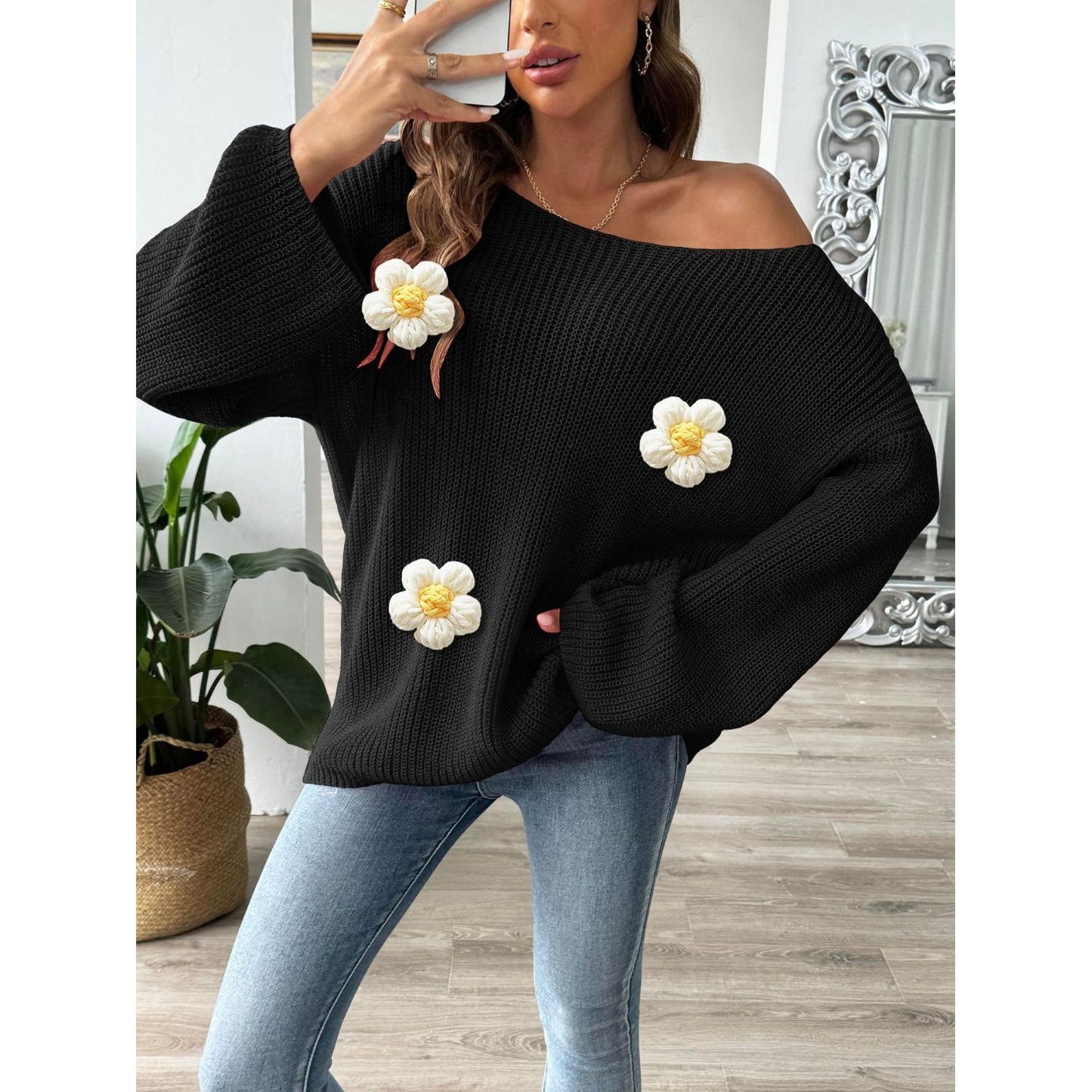 Flower Round Neck Long Sleeve Sweater