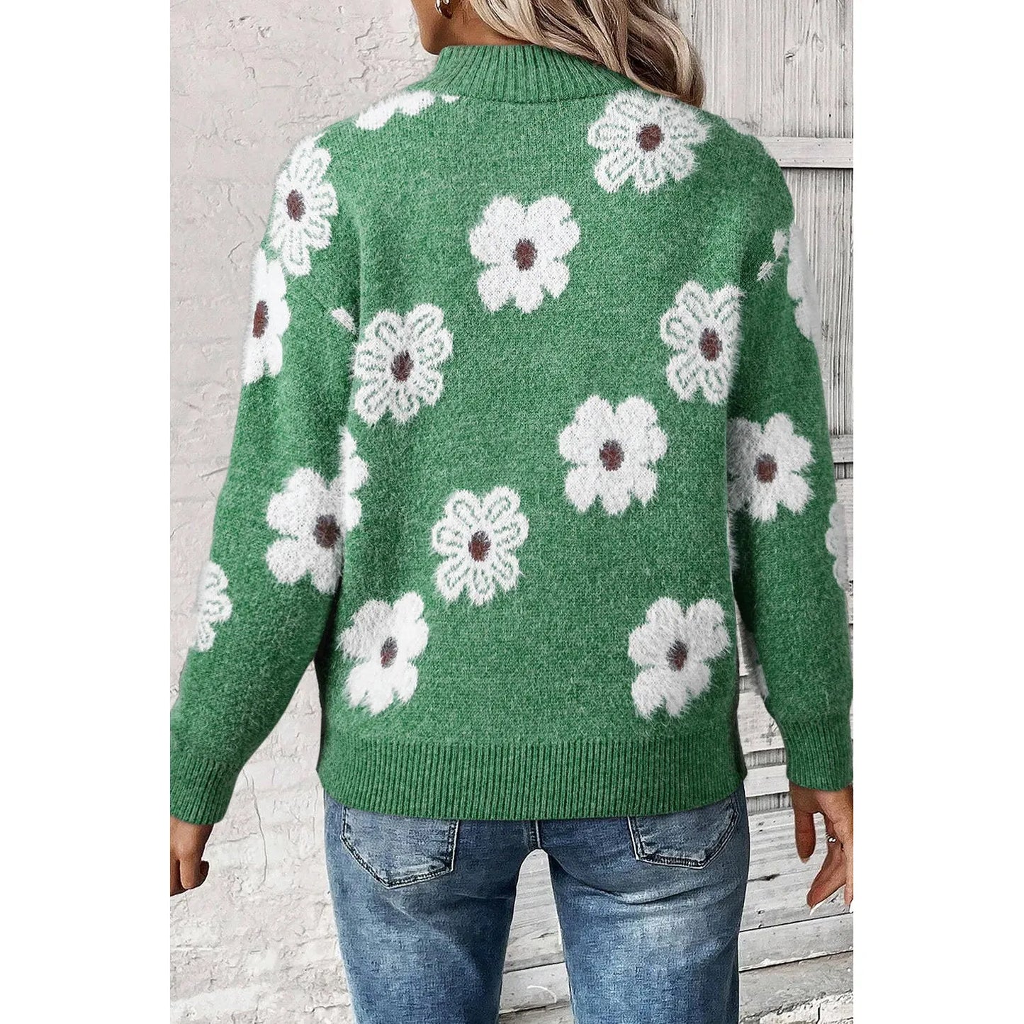 Flower Half Zip Long Sleeve Sweater