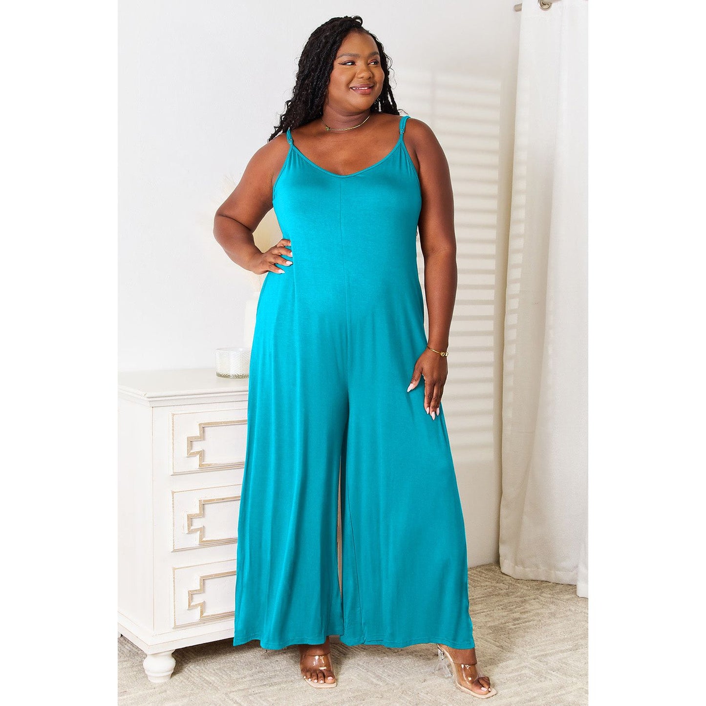 Double Take Full Size Soft Rayon Spaghetti Strap Tied Wide Leg Jumpsuit