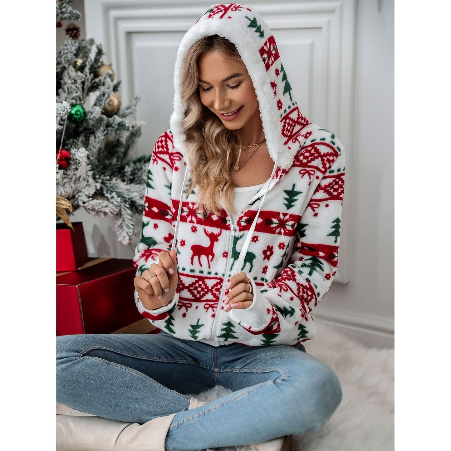 Drawstring Christmas Element Zip Up Hooded Jacket