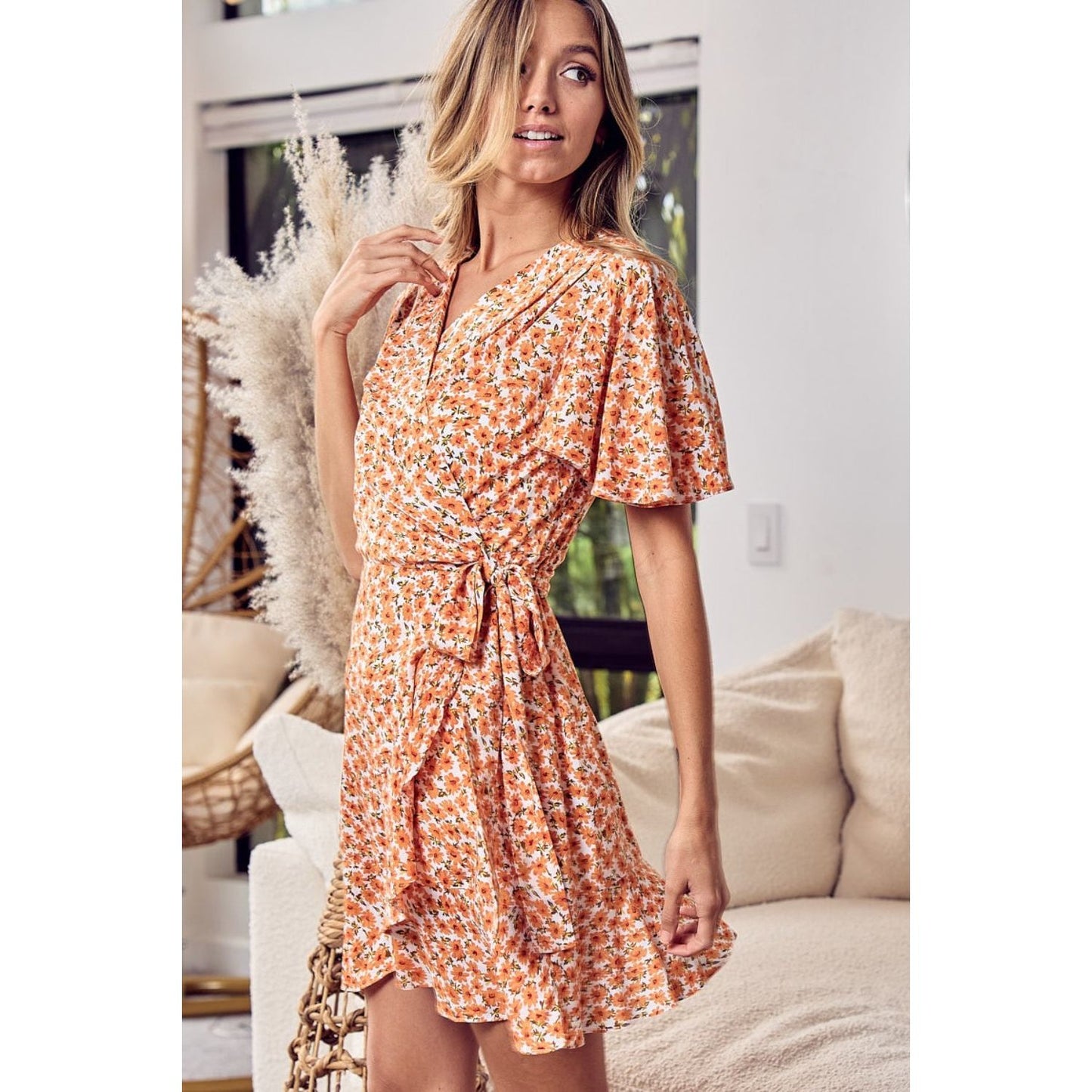 BiBi Floral Tied Short Sleeve Mini Wrap Dress