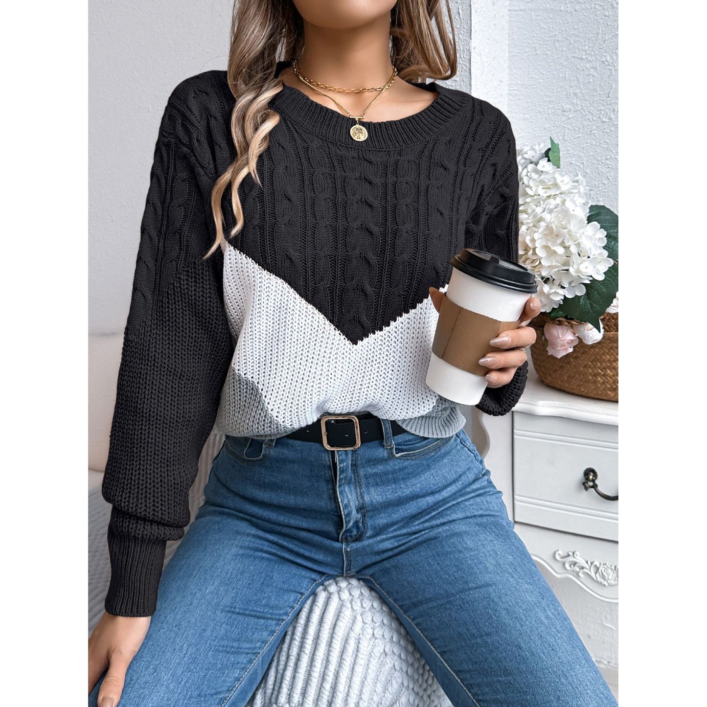 Cable-Knit Color Block Round Neck Sweater