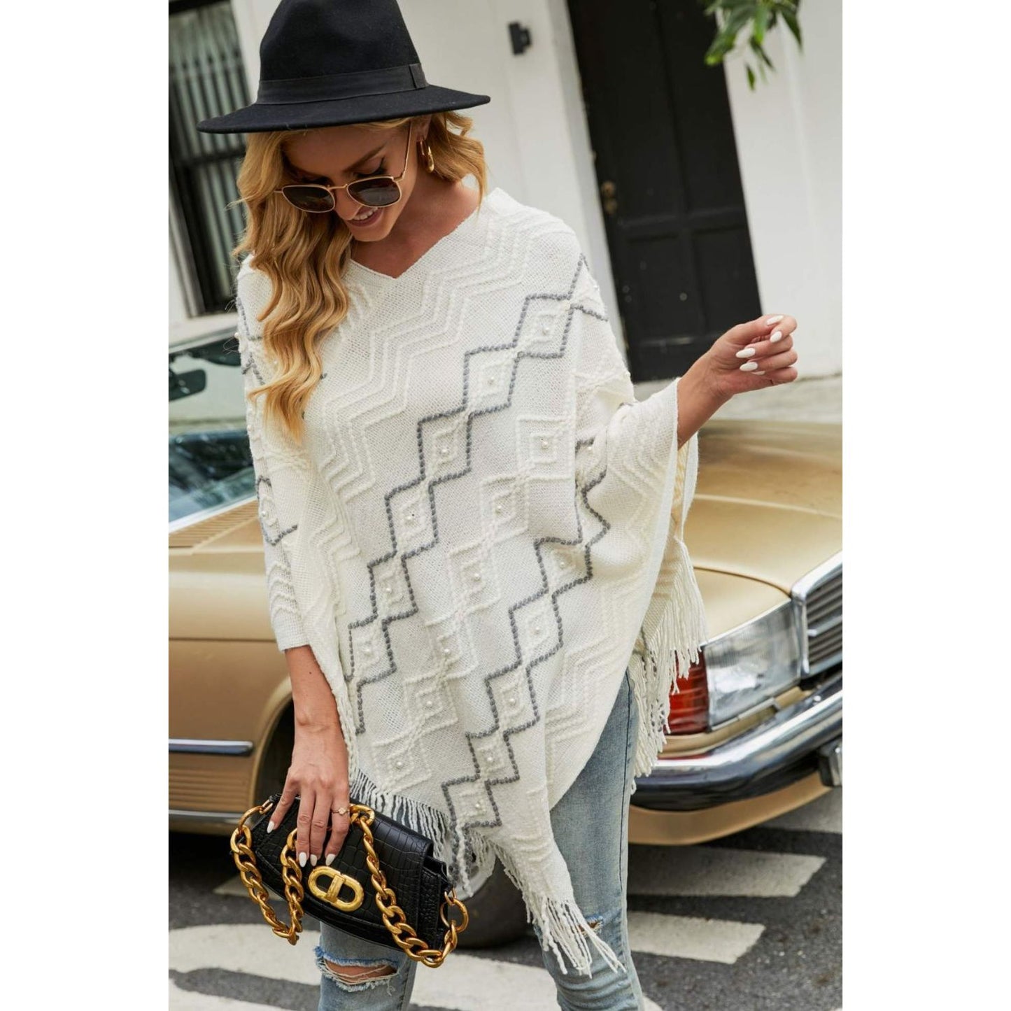 Pearl Trim V-Neck Fringe Hem Poncho