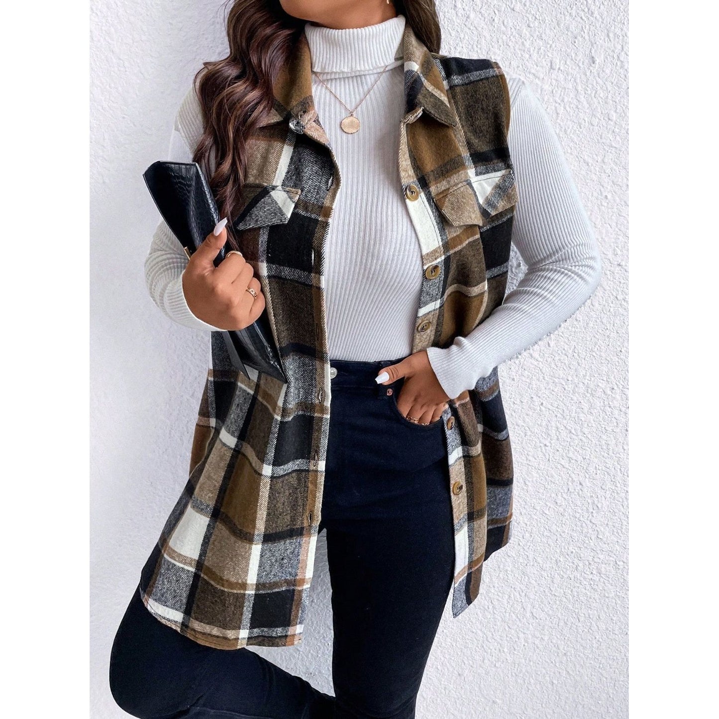 Honey Plus Size Pocketed Plaid Button Up Vest Coat