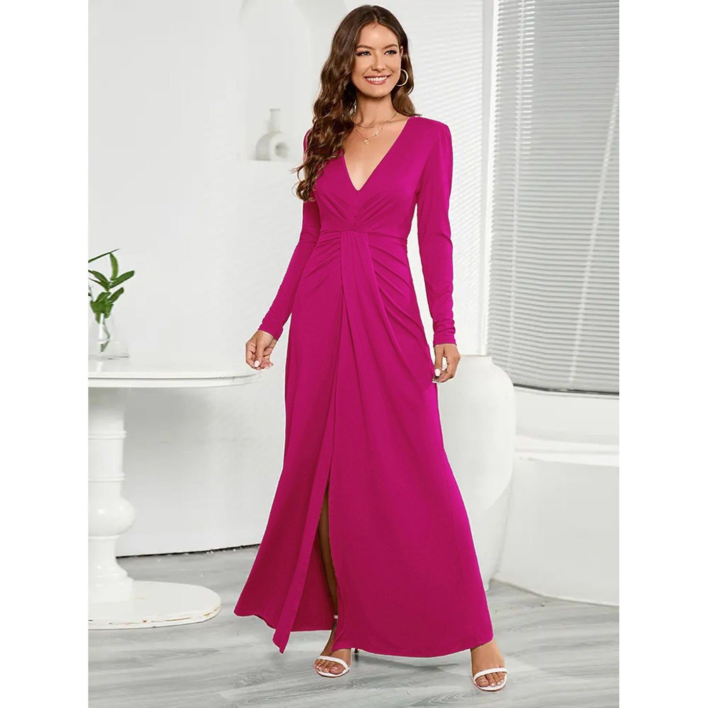 V-Neck Long Sleeve Split Dress