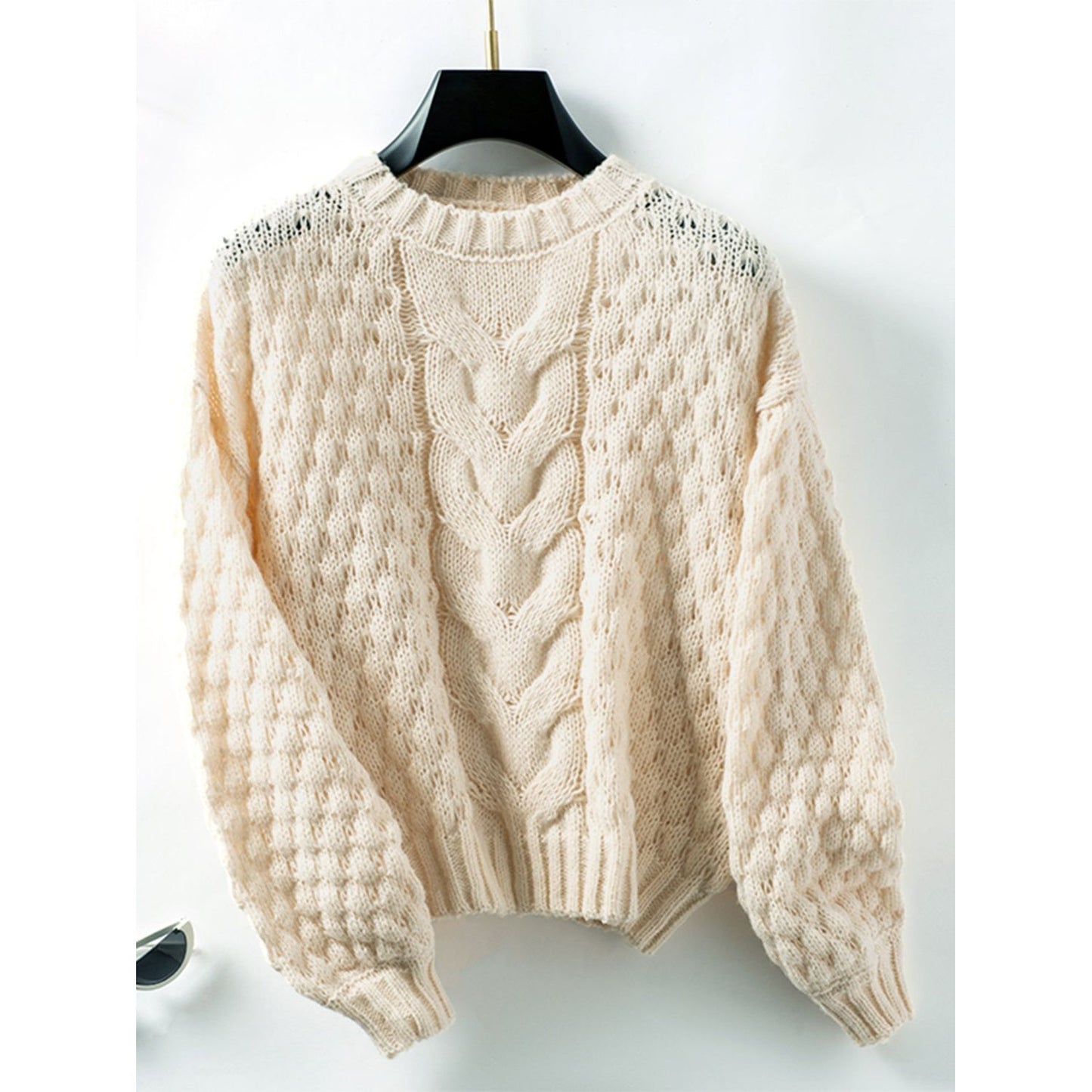 Cable-Knit Round Neck Long Sleeve Sweater