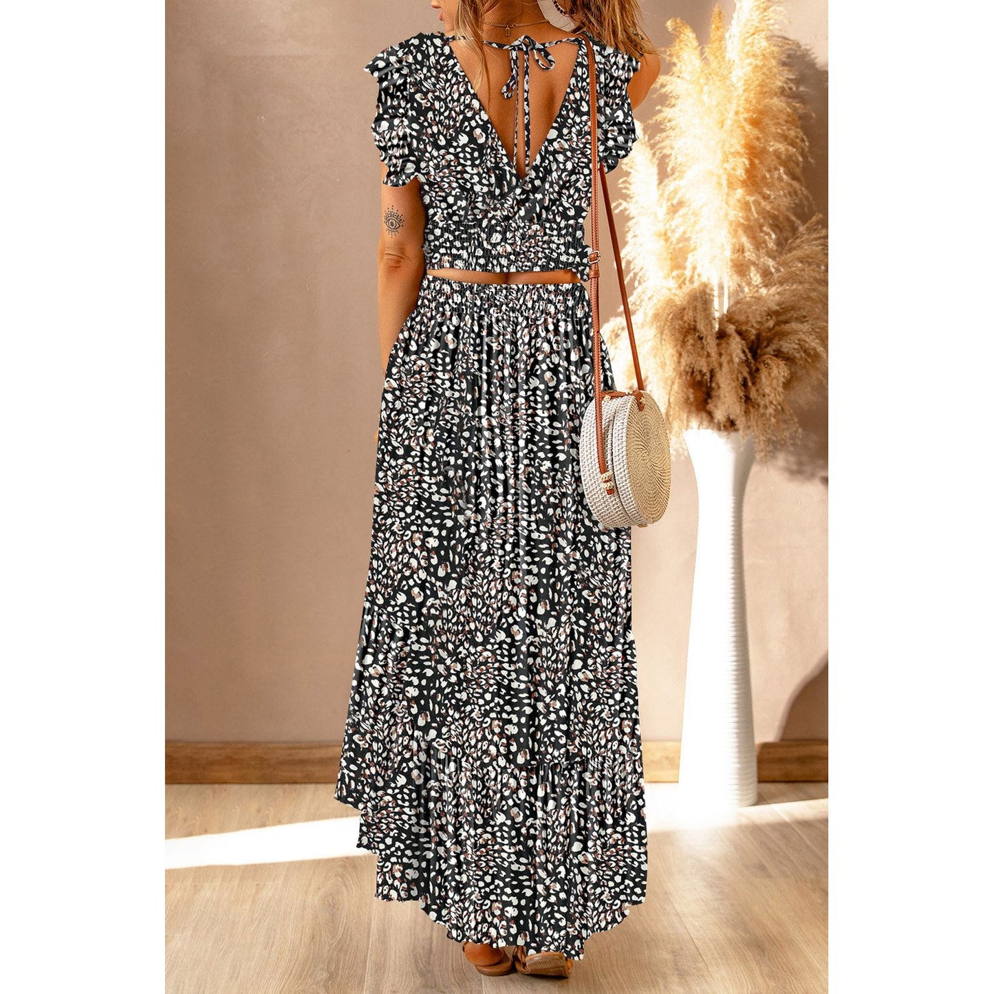 Printed Tie Back Cropped Top and Maxi Skirt Set