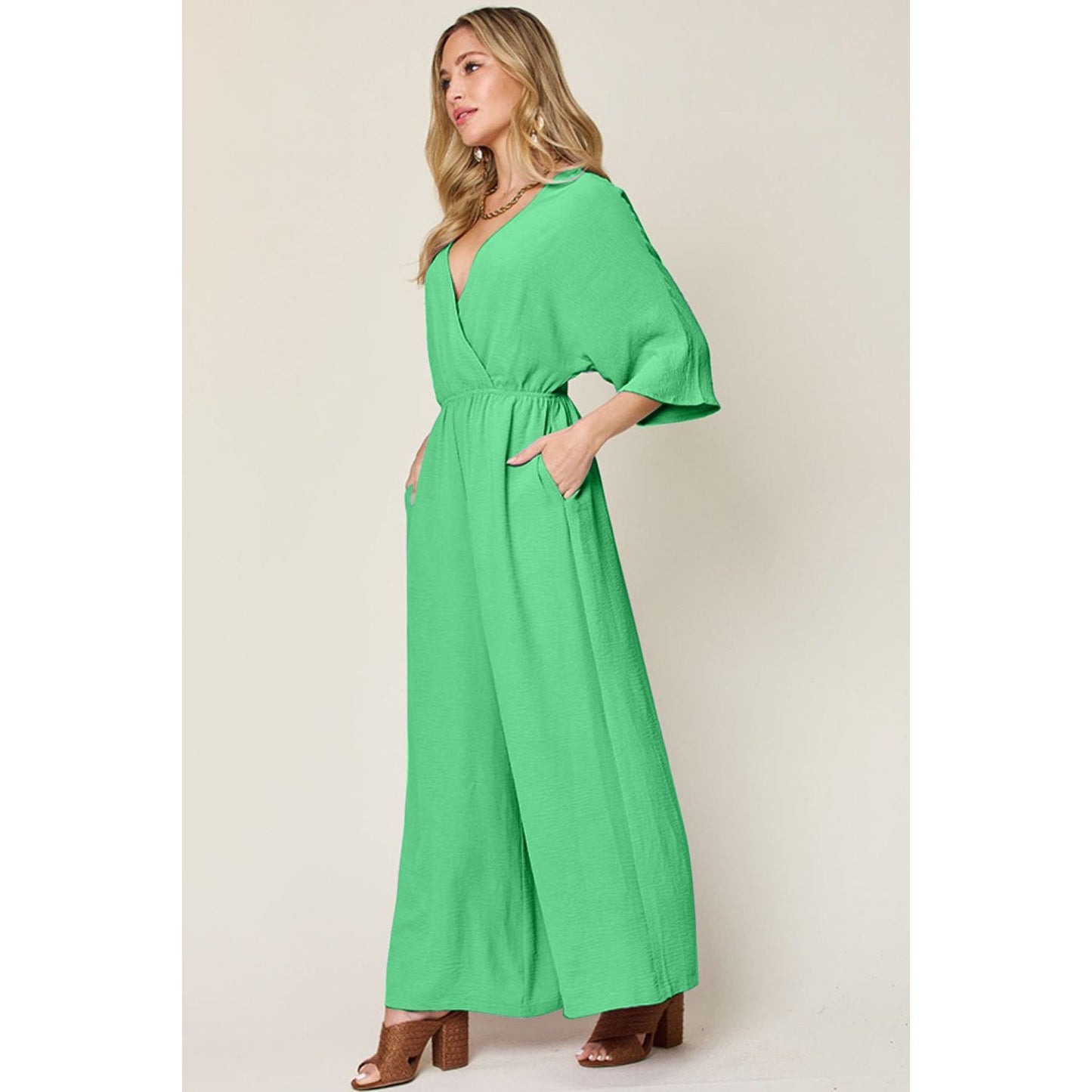 Double Take Full Size Surplice Wide Leg Jumpsuit with Pockets