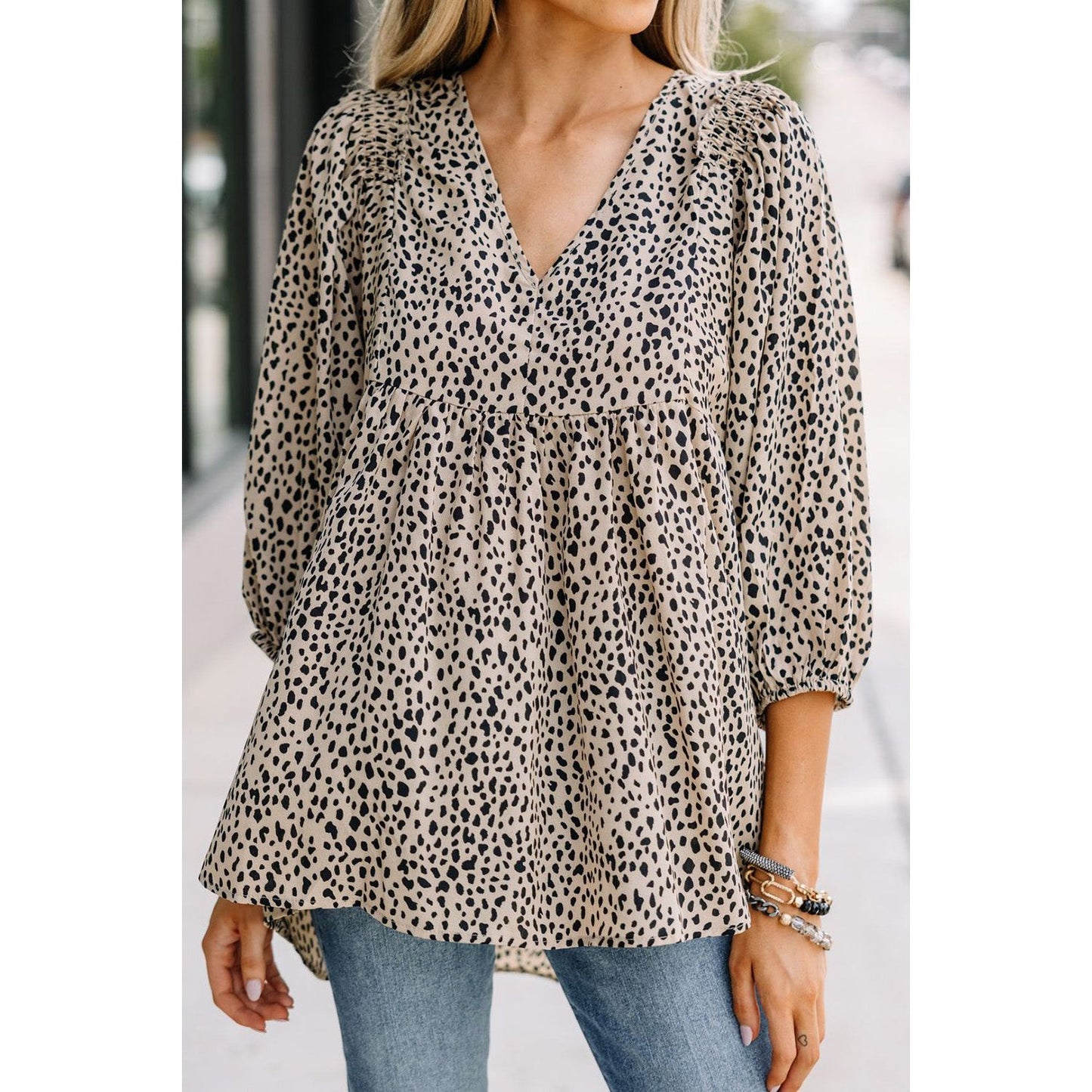 Animal Print V-Neck Three-Quarter Sleeve Blouse