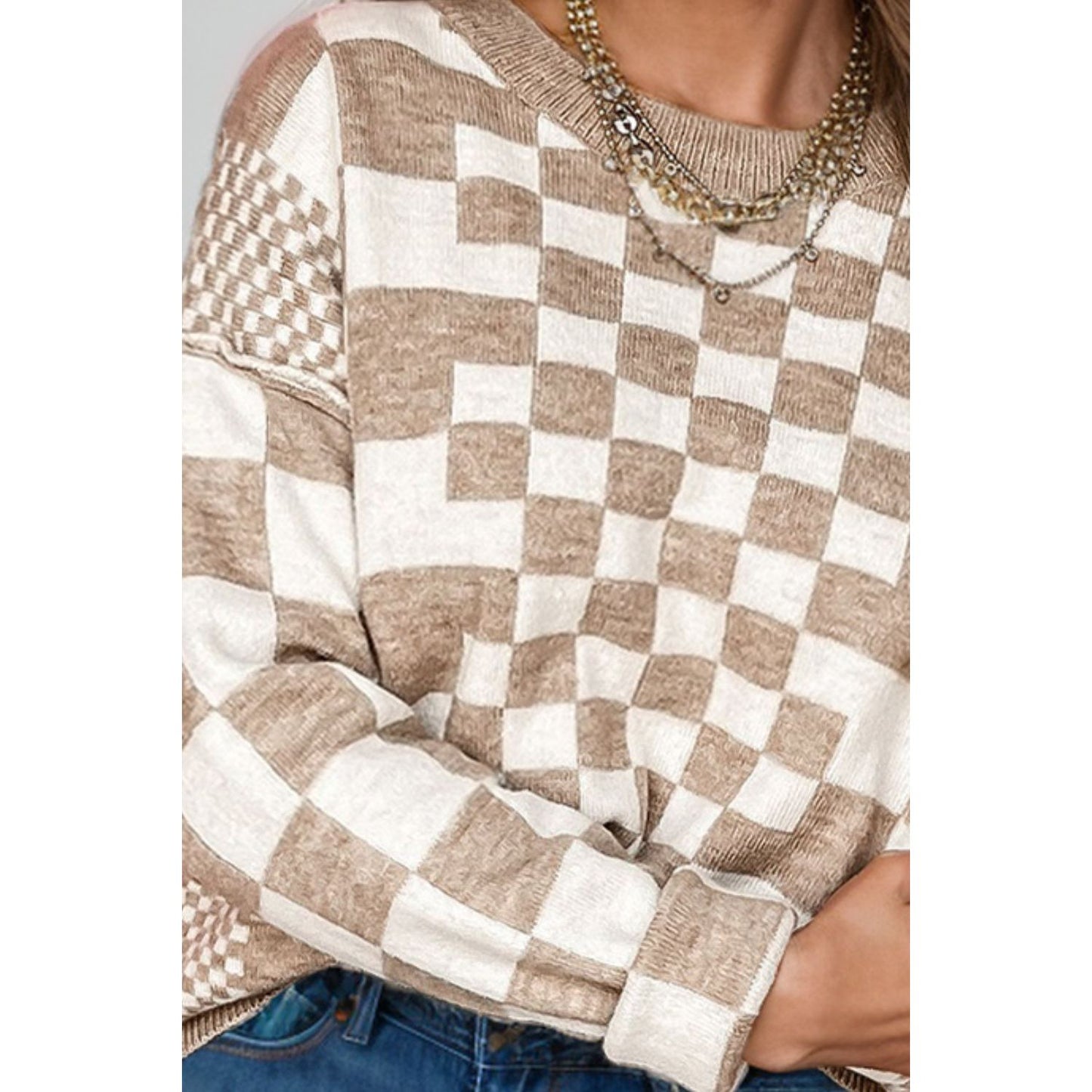 Checkered Round Neck Long Sleeve Sweater