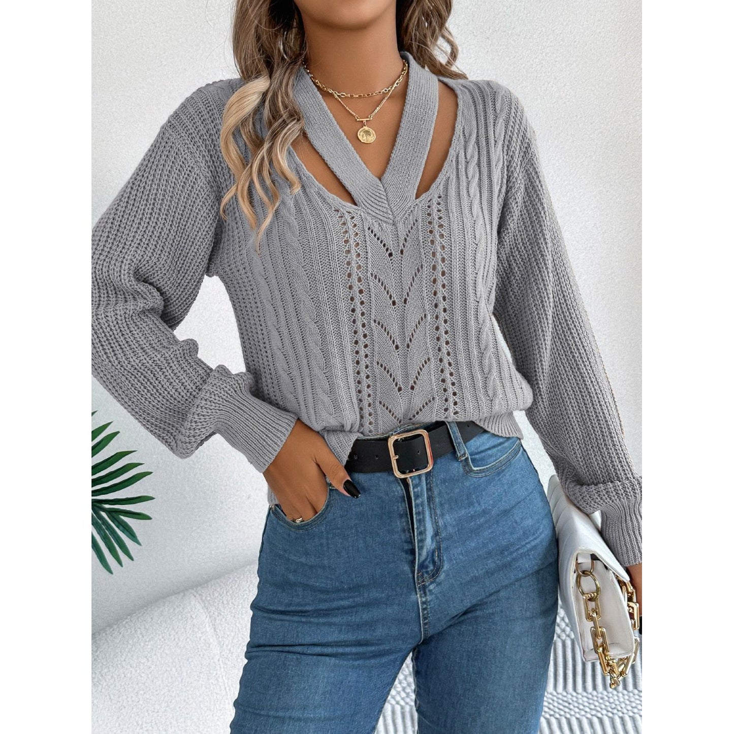 Cutout V-Neck Long Sleeve Sweater