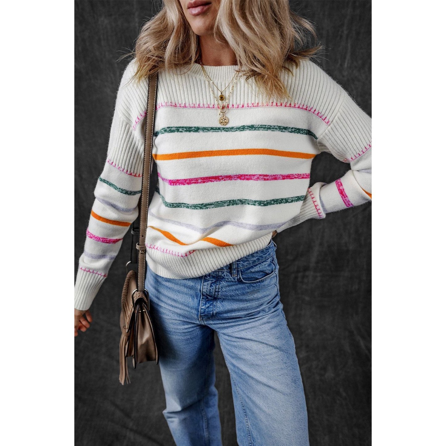 Striped Round Neck Dropped Shoulder Sweater