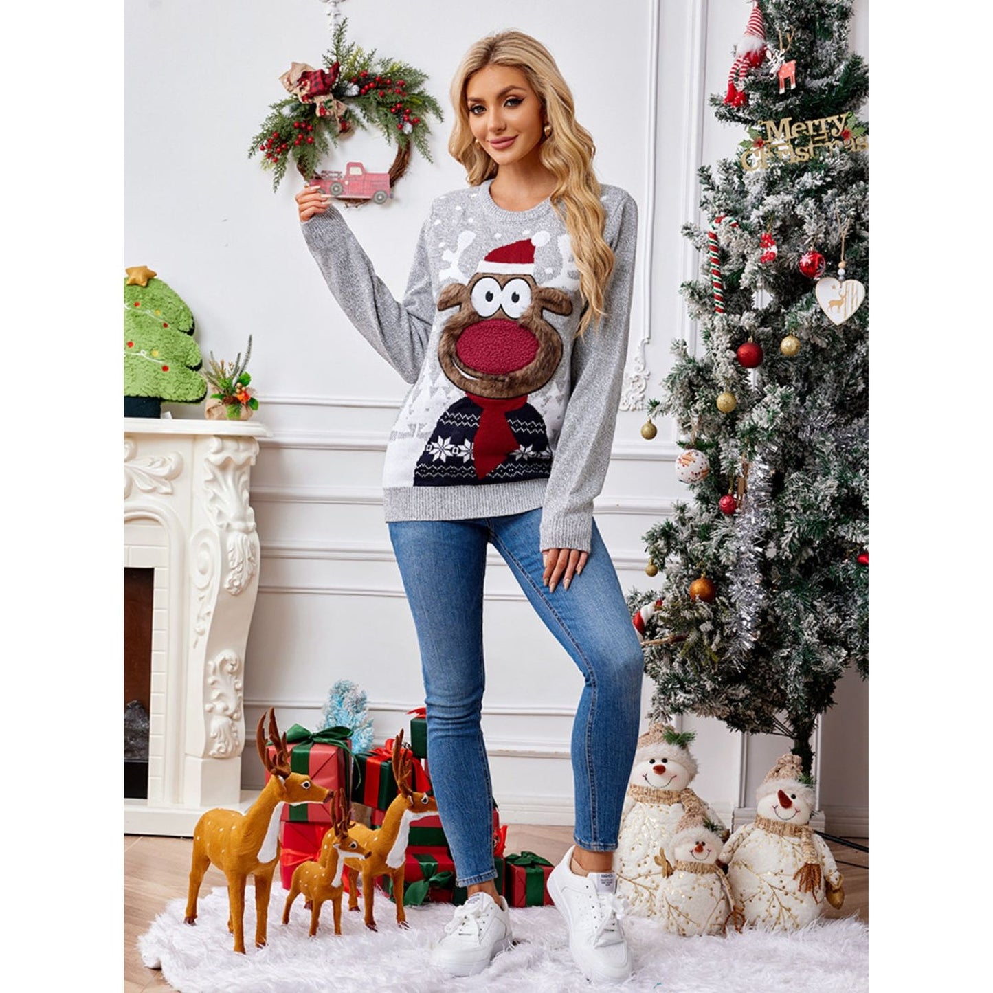 Reindeer Round Neck Long Sleeve Sweater