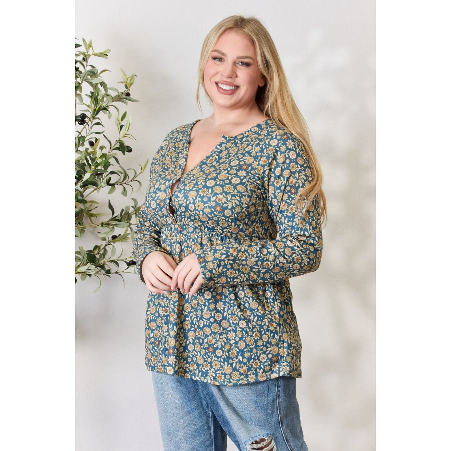 Heimish Full Size Floral Half Button Long Sleeve Blouse