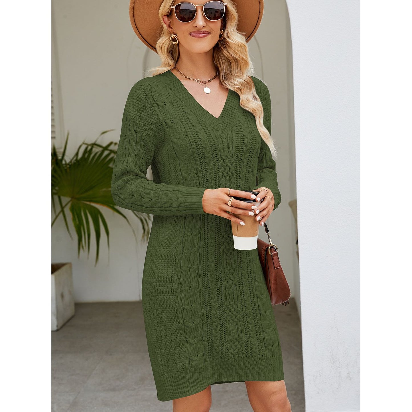 Cable-Knit V-Neck Mini Sweater Dress