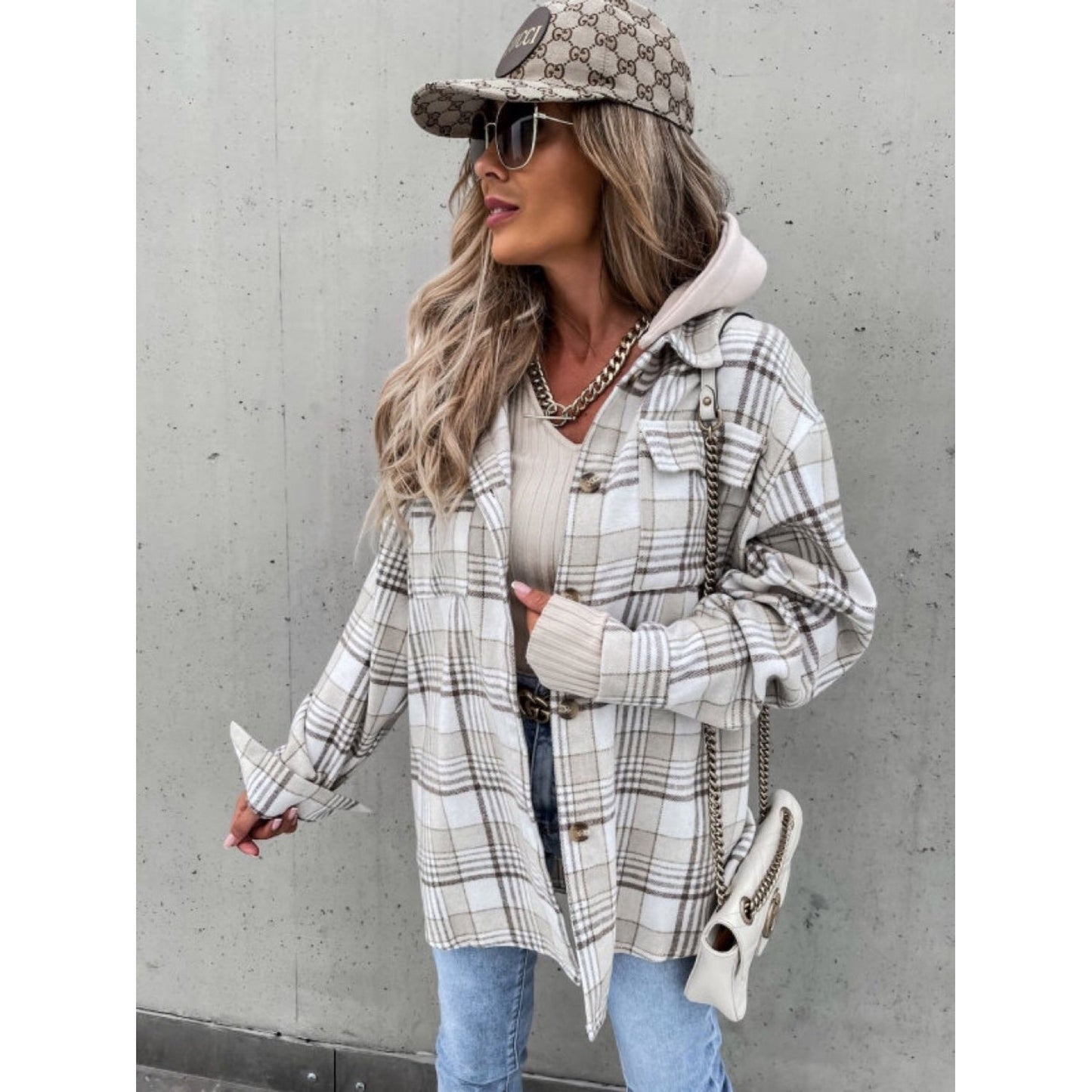 Plaid Dropped Shoulder Hooded Jacket