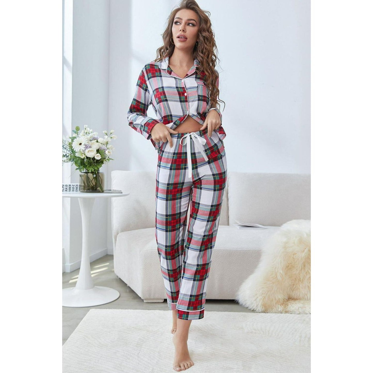 Plaid Button Front Top and Pants Lounge Set