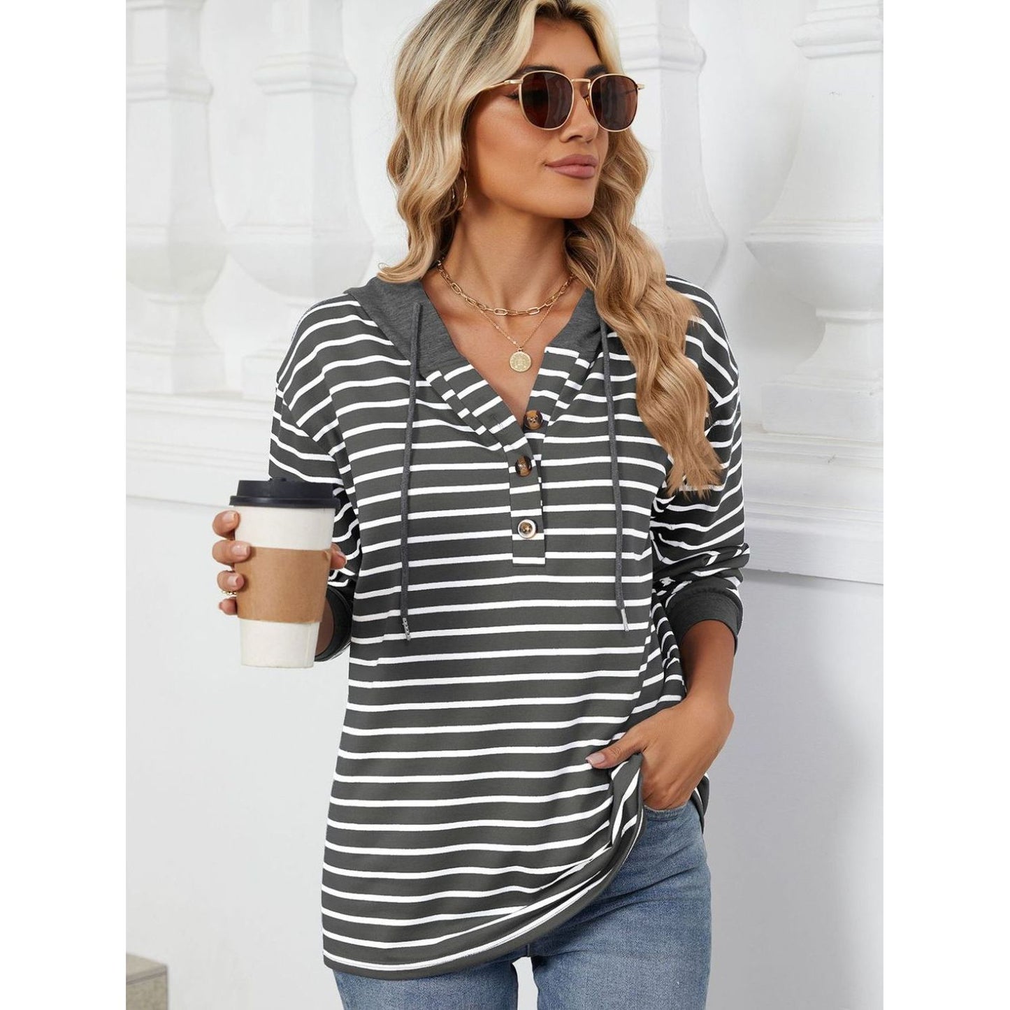 Drawstring Striped Long Sleeve Hoodie