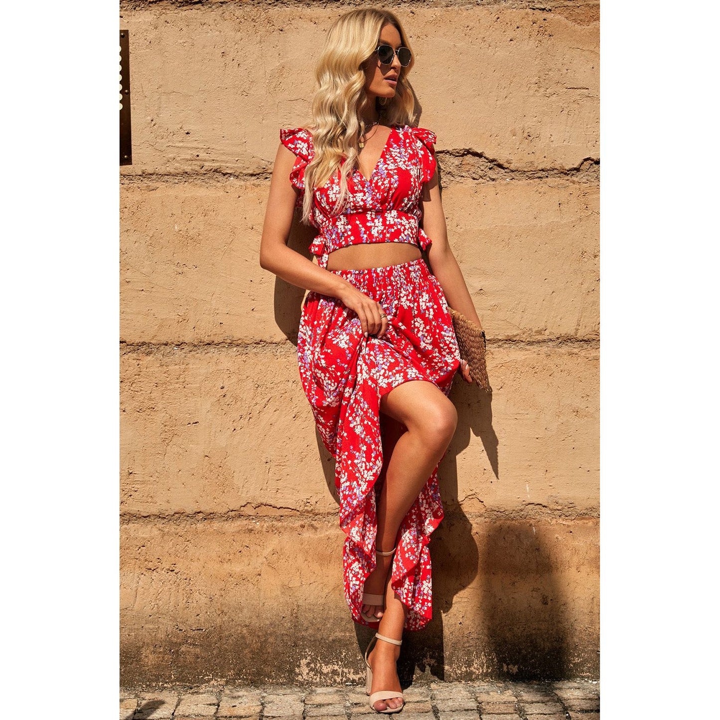 Printed Tie Back Cropped Top and Maxi Skirt Set