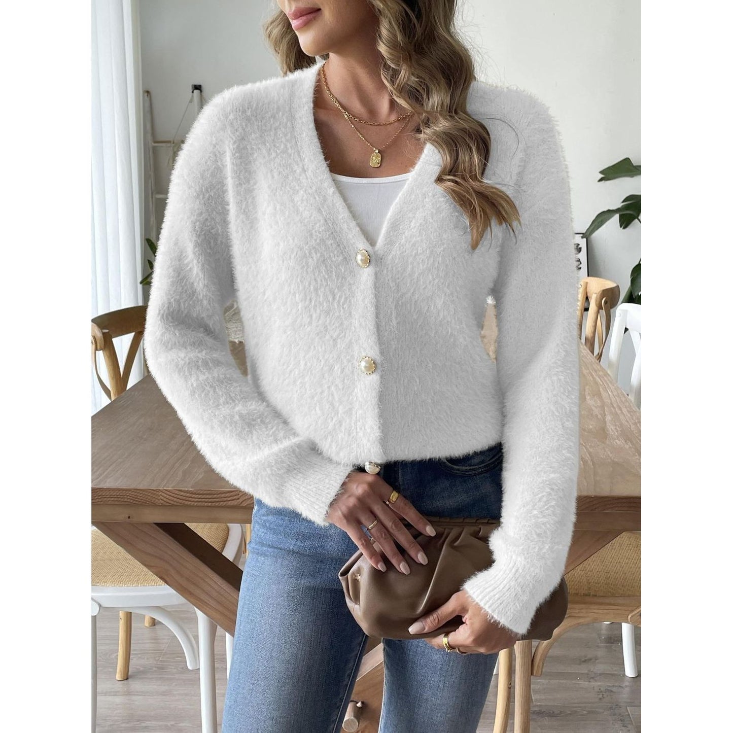 Button Up V-Neck Long Sleeve Cardigan