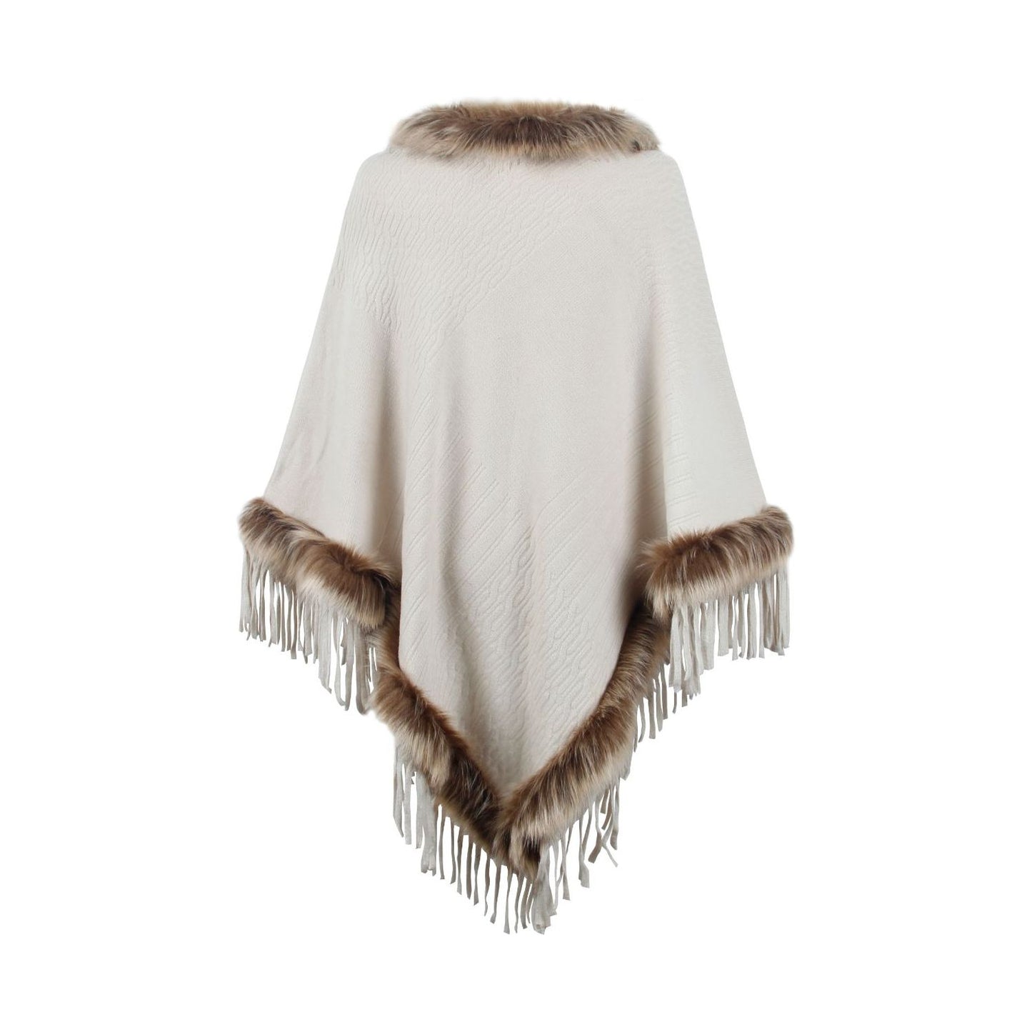 Faux Fur Trim Fringed Poncho