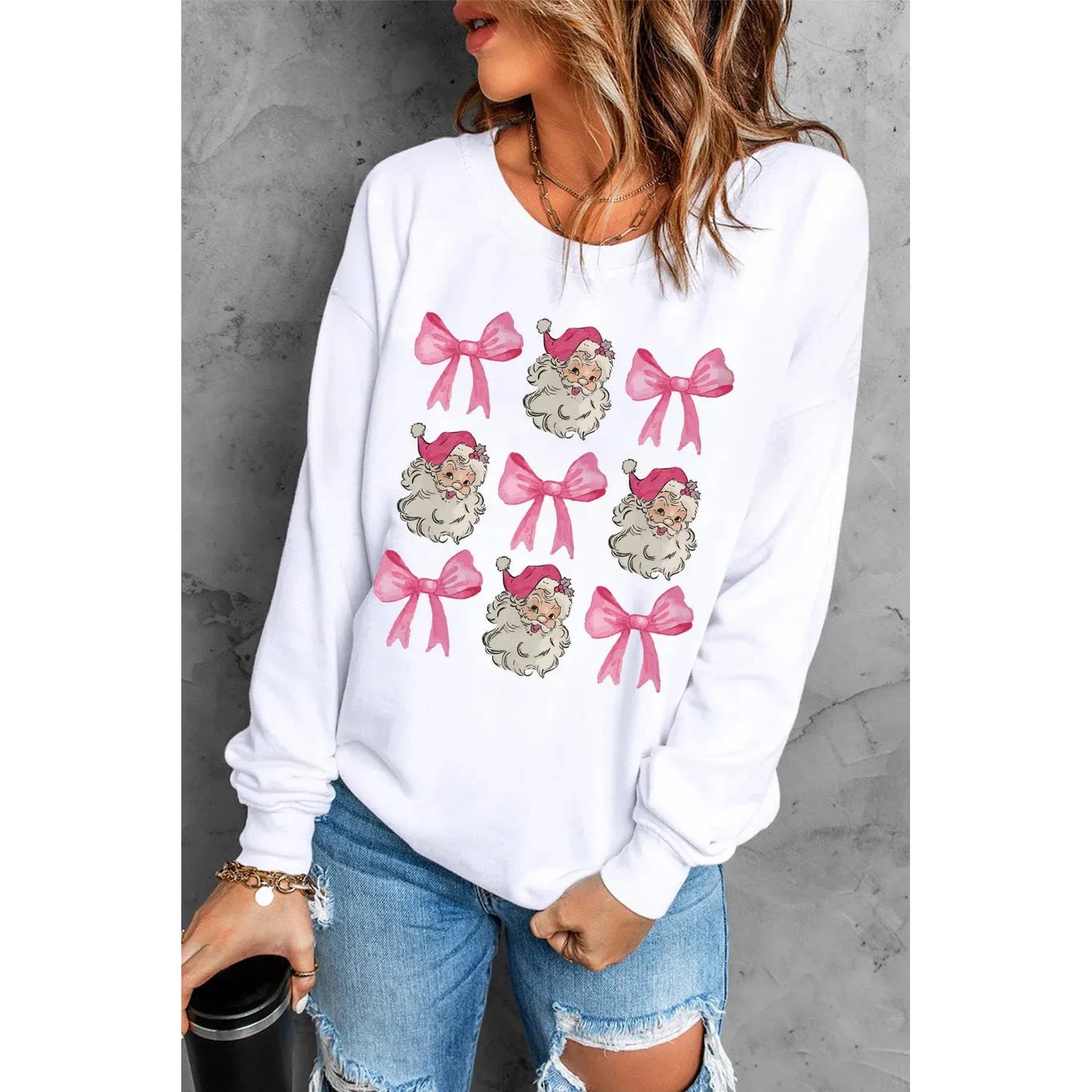 Santa & Bow Graphic Long Sleeve Sweatshirt