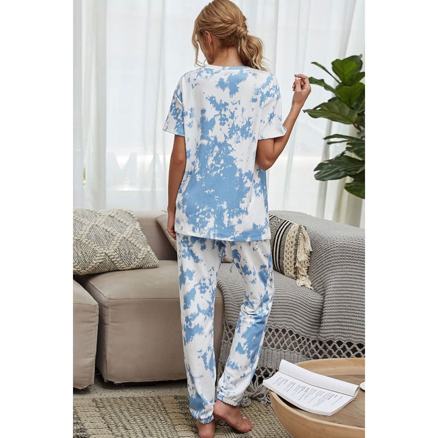 Shiny Tie-Dye Tee and Drawstring Waist Joggers Lounge Set