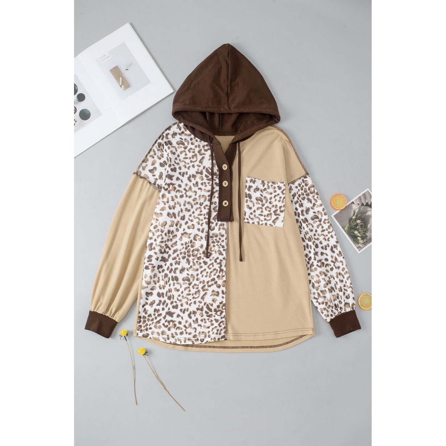 Leopard Drawstring Chest Pocket Hoodie