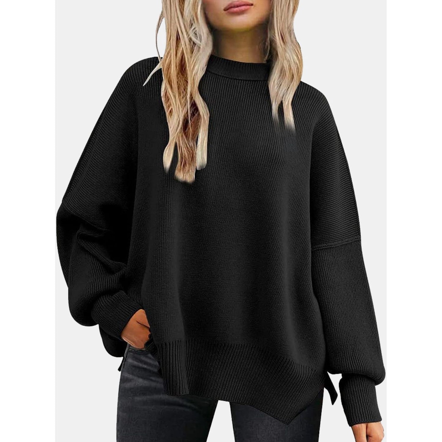 Round Neck Drop Shoulder Slit Sweater