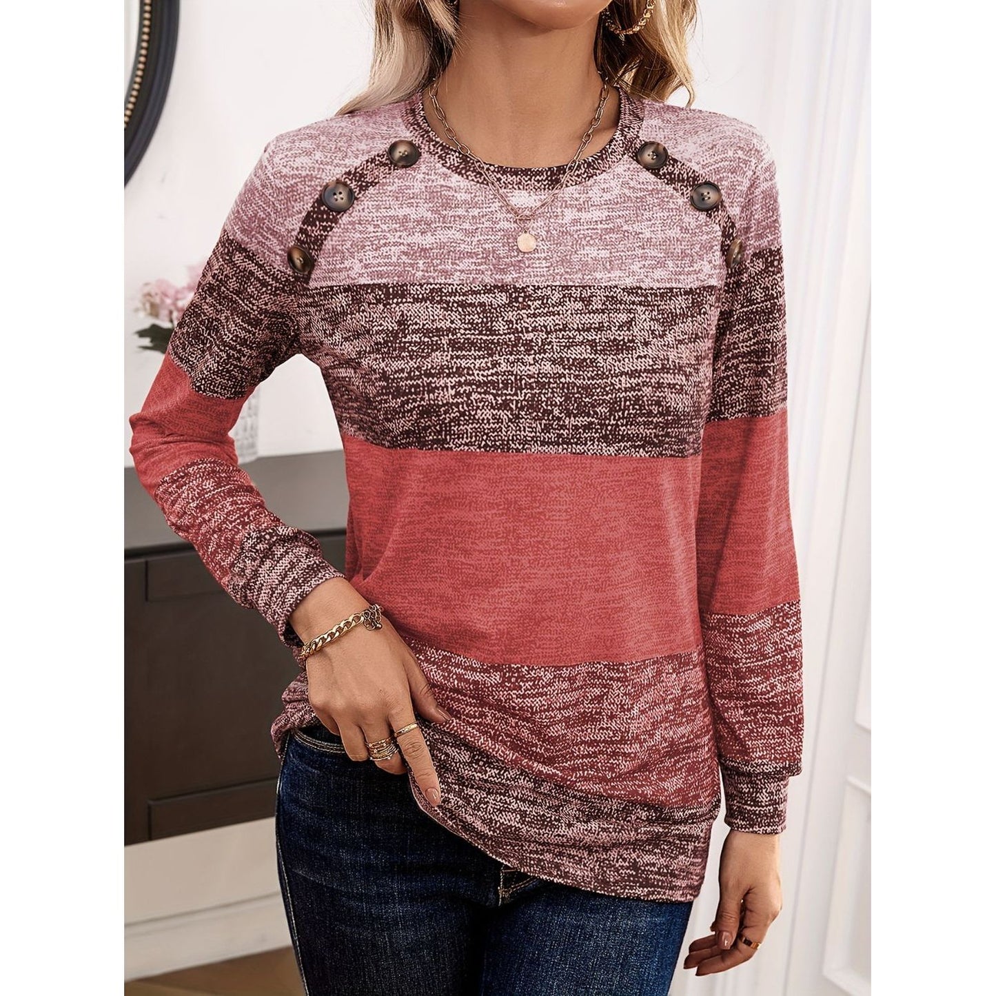 Decorative Button Contrast Round Neck Long Sleeve T-Shirt