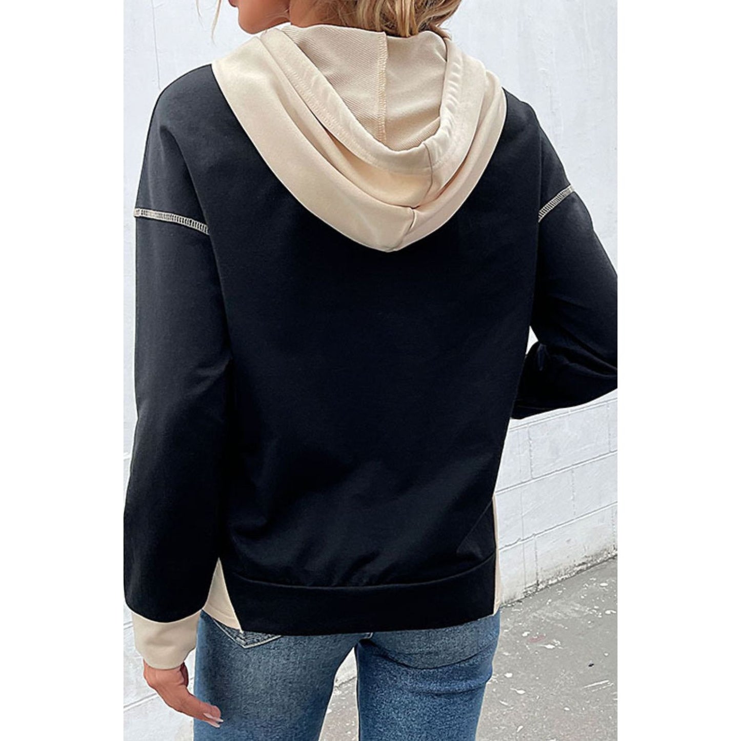 Perfee Contrast Drawstring Detail Drop Shoulder Hoodie