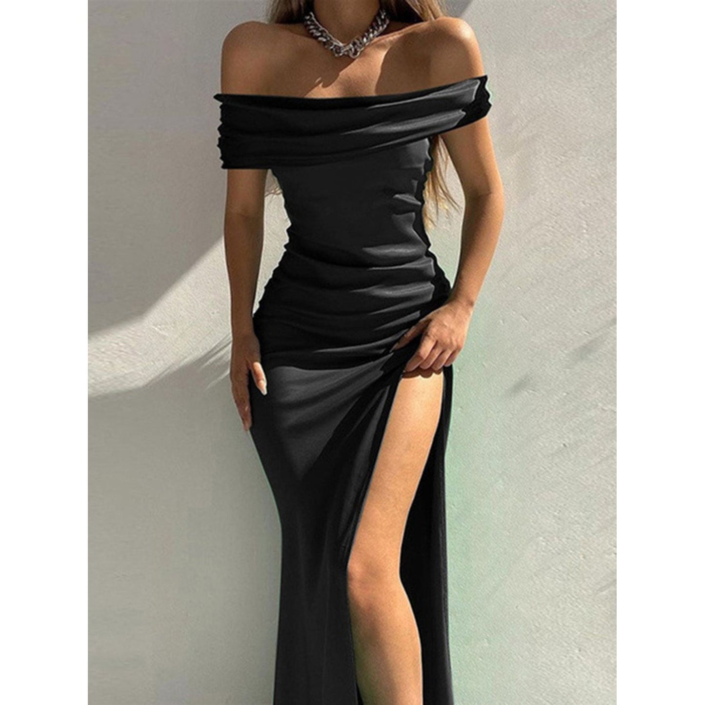 Split Ruched Off-Shoulder Dress