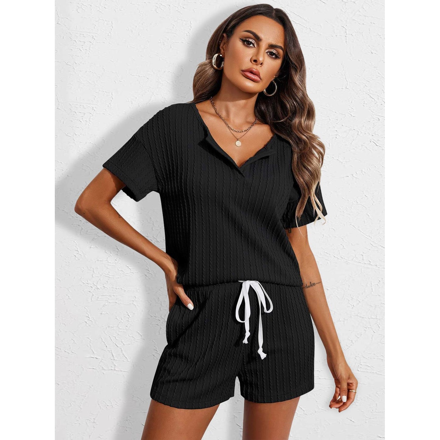 Notched Short Sleeve Top and Shorts Set