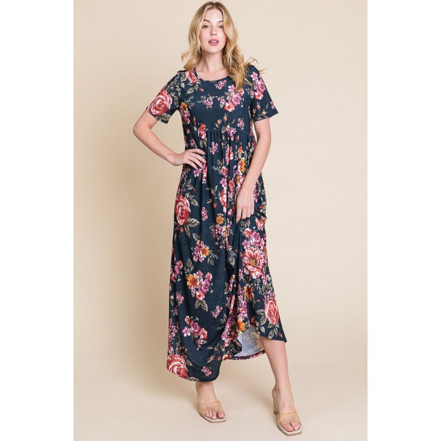 BOMBOM Floral Short Sleeve Maxi Dress