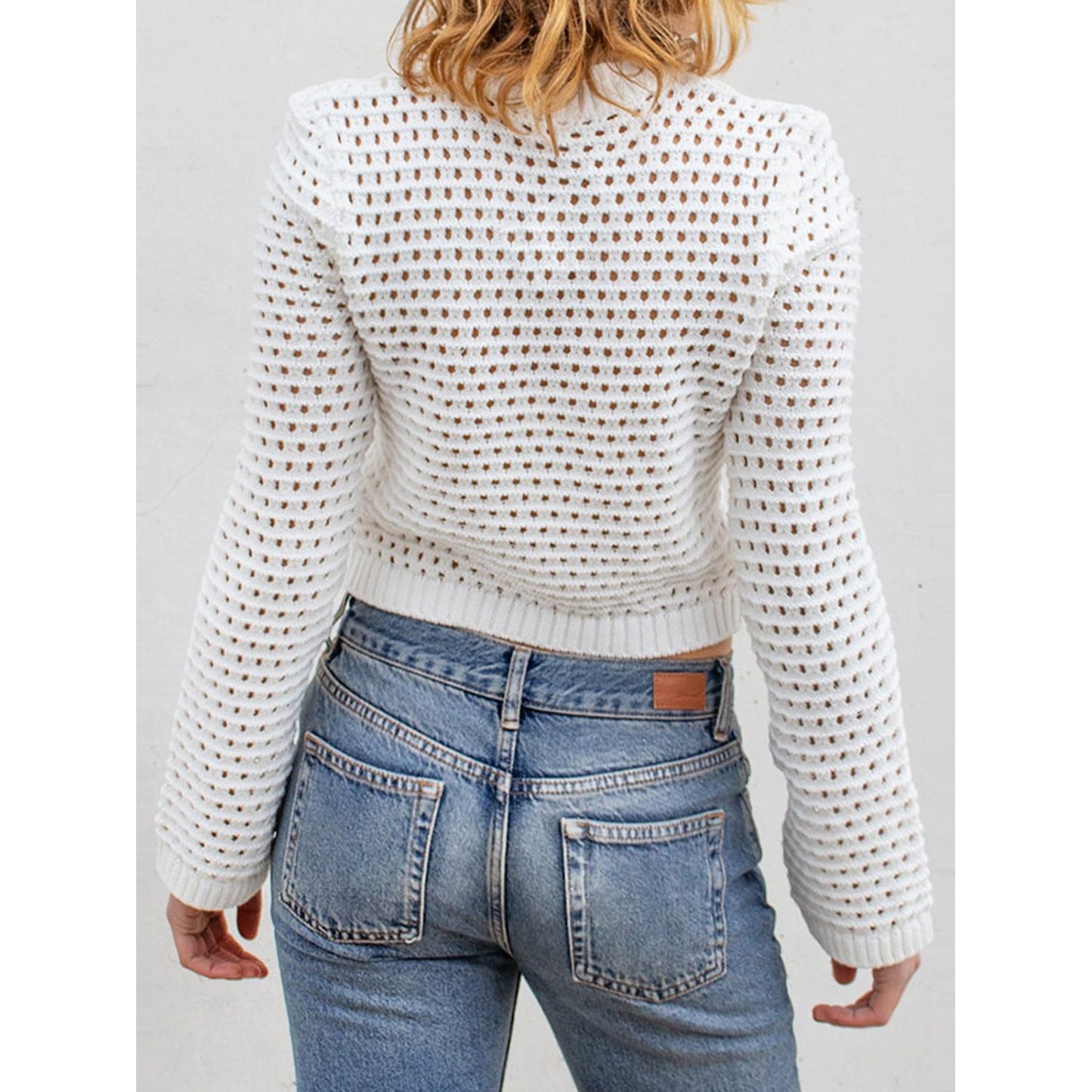 Openwork Round Neck Long Sleeve Knit Top