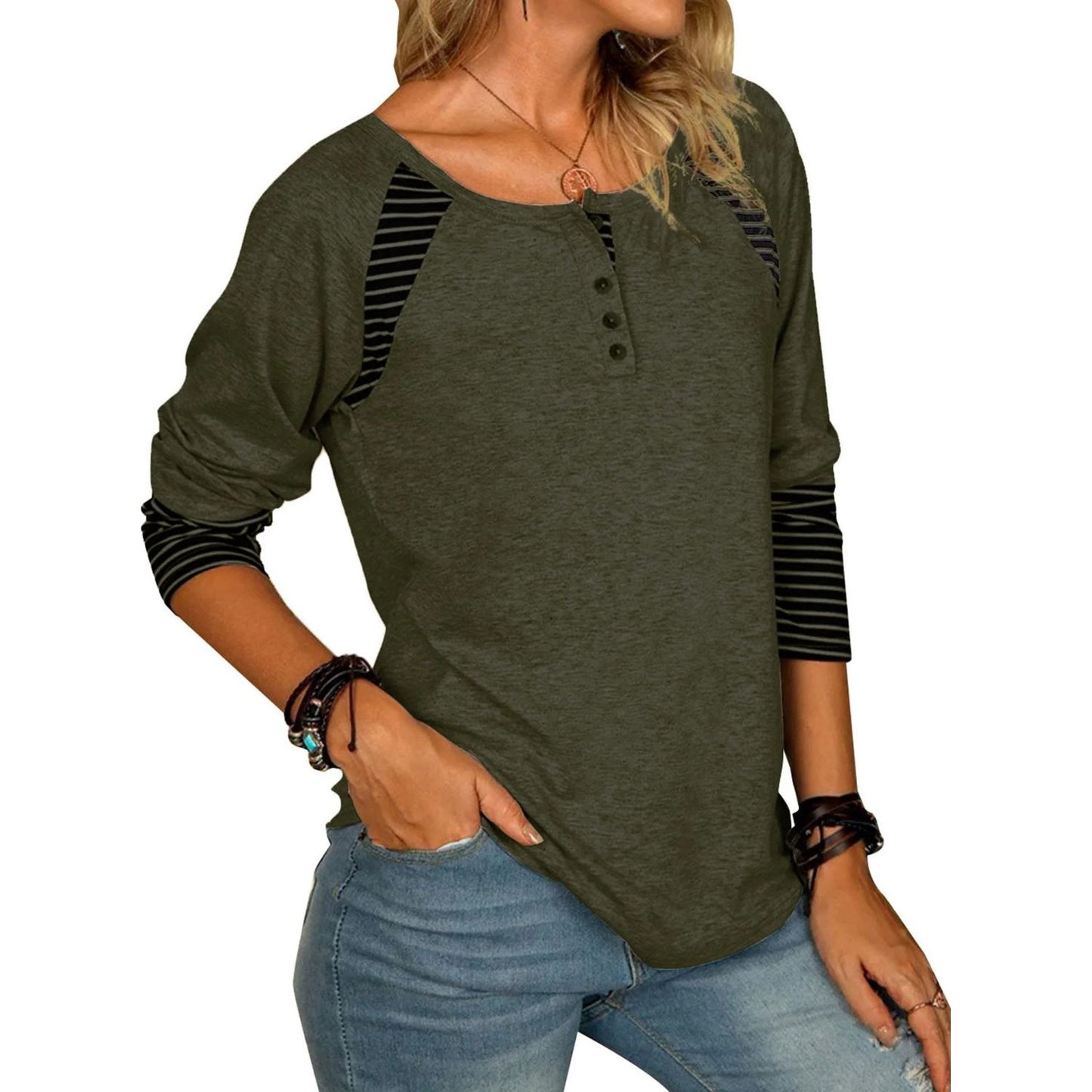 Full Size Striped Quarter Button Long Sleeve T-Shirt