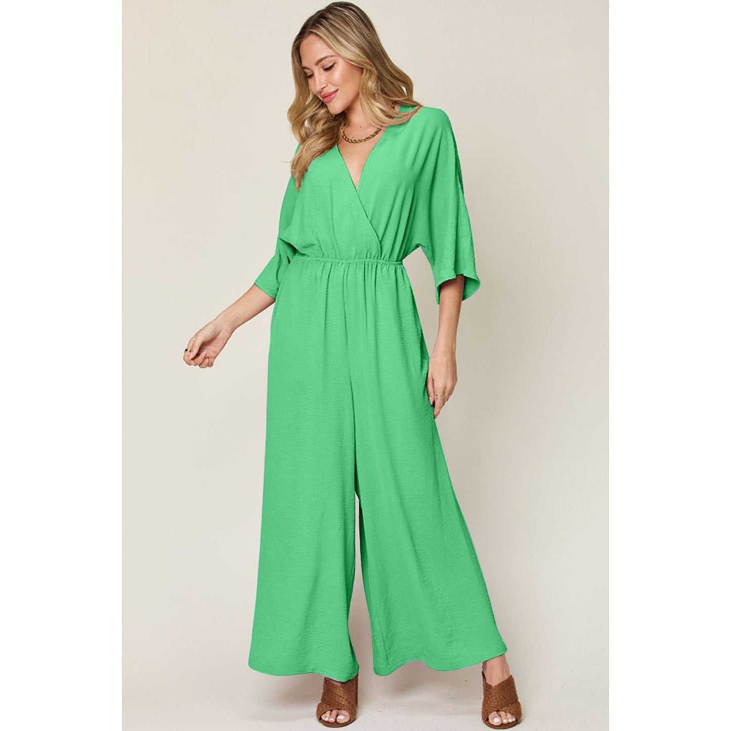 Double Take Full Size Surplice Wide Leg Jumpsuit with Pockets