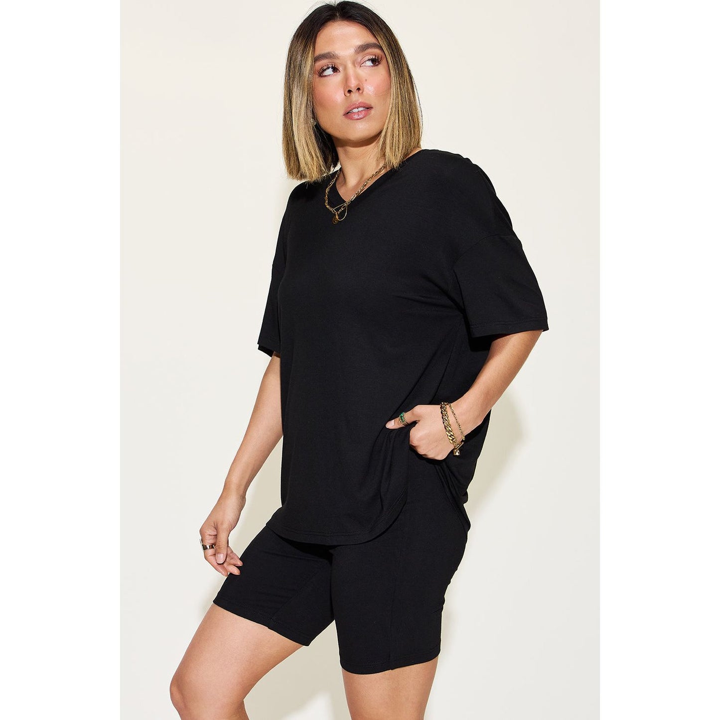 Basic Bae Full Size V-Neck Drop Shoulder T-Shirt and Shorts Set