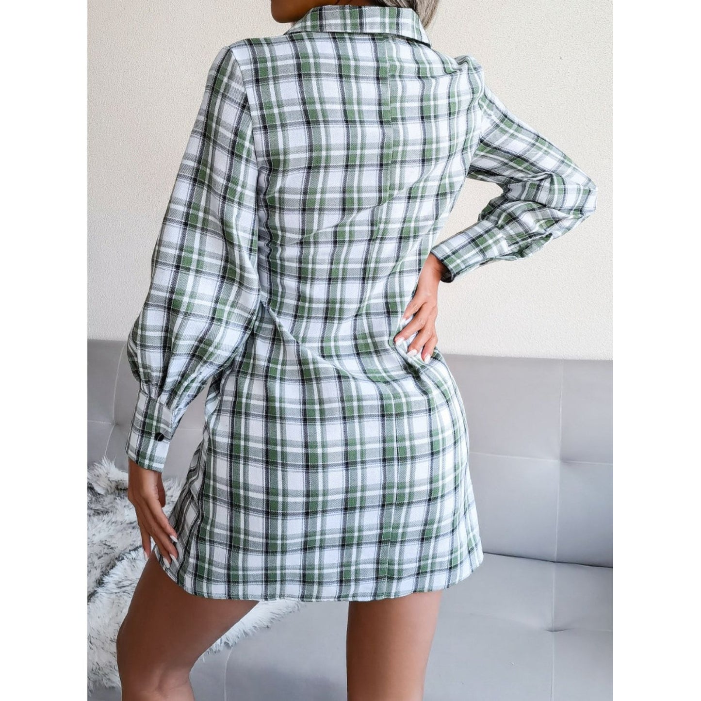 Tied Plaid Long Sleeve Mini Shirt Dress