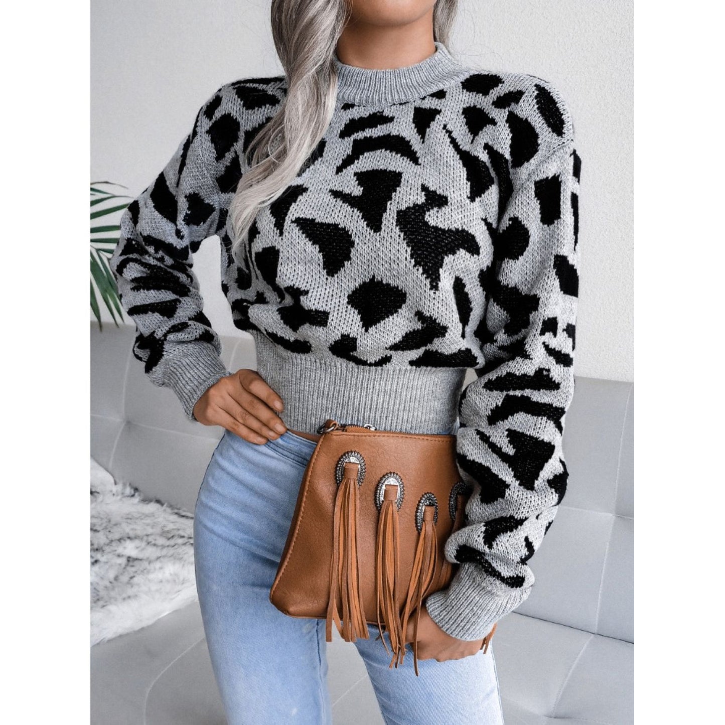 Leopard Round Neck Dropped Shoulder Sweater