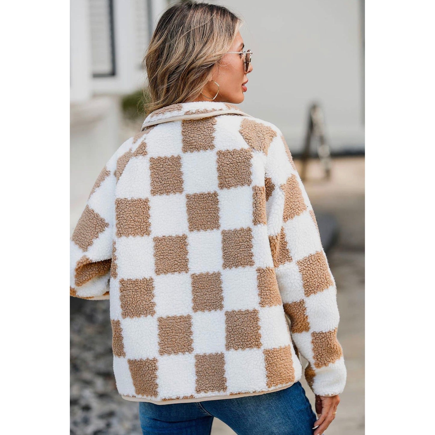 Checkered Snap Down Long Sleeve Teddy Jacket