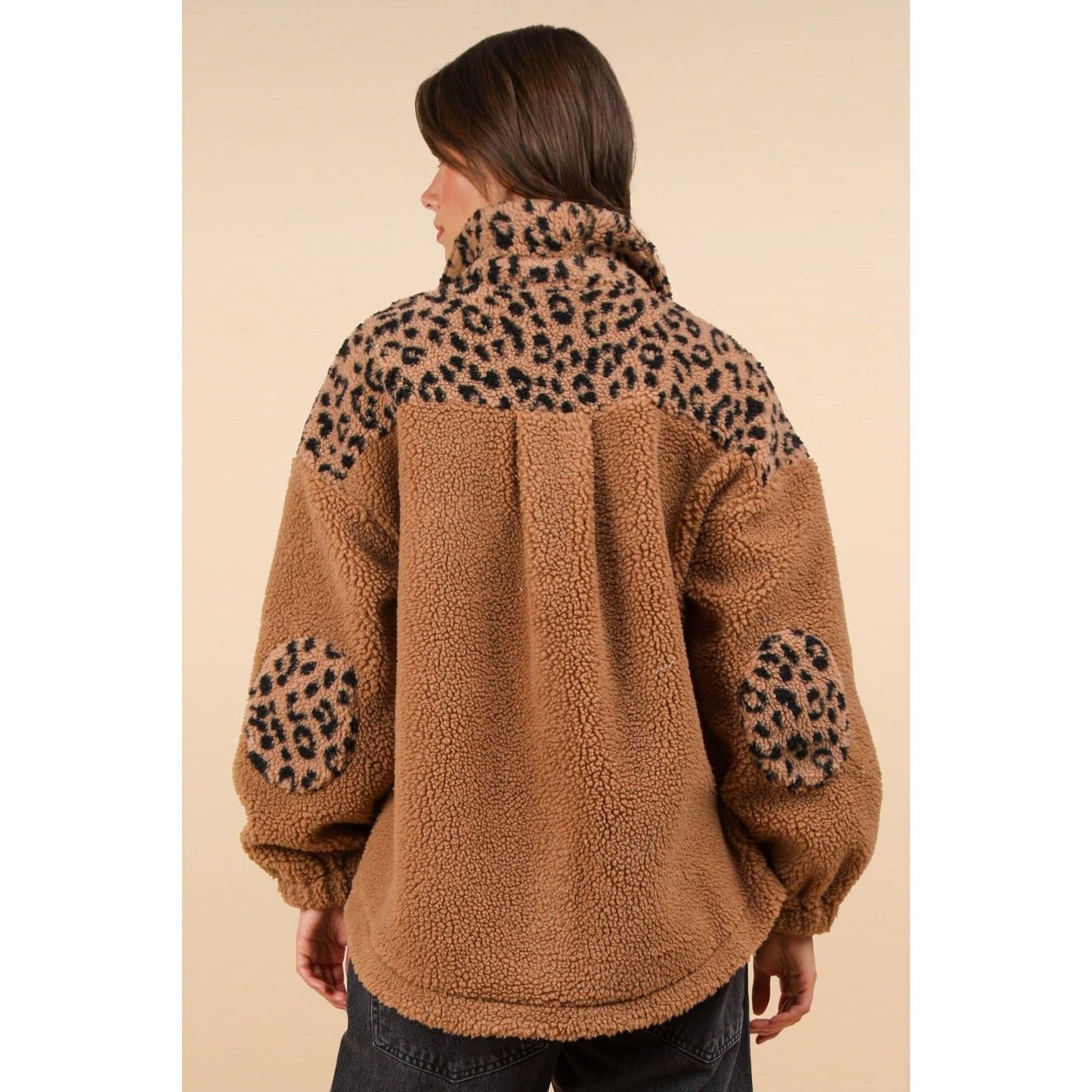 VERY J Fuzzy Leopard Button Down Long Sleeve Jacket